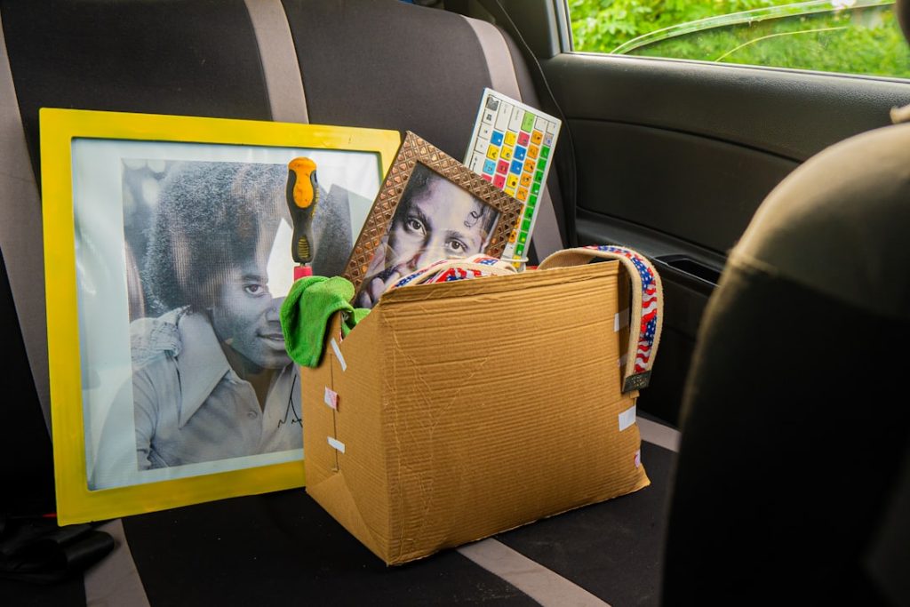 box-of-items-and-framed-pictures-in-car-backseat-ccmgdv-key4